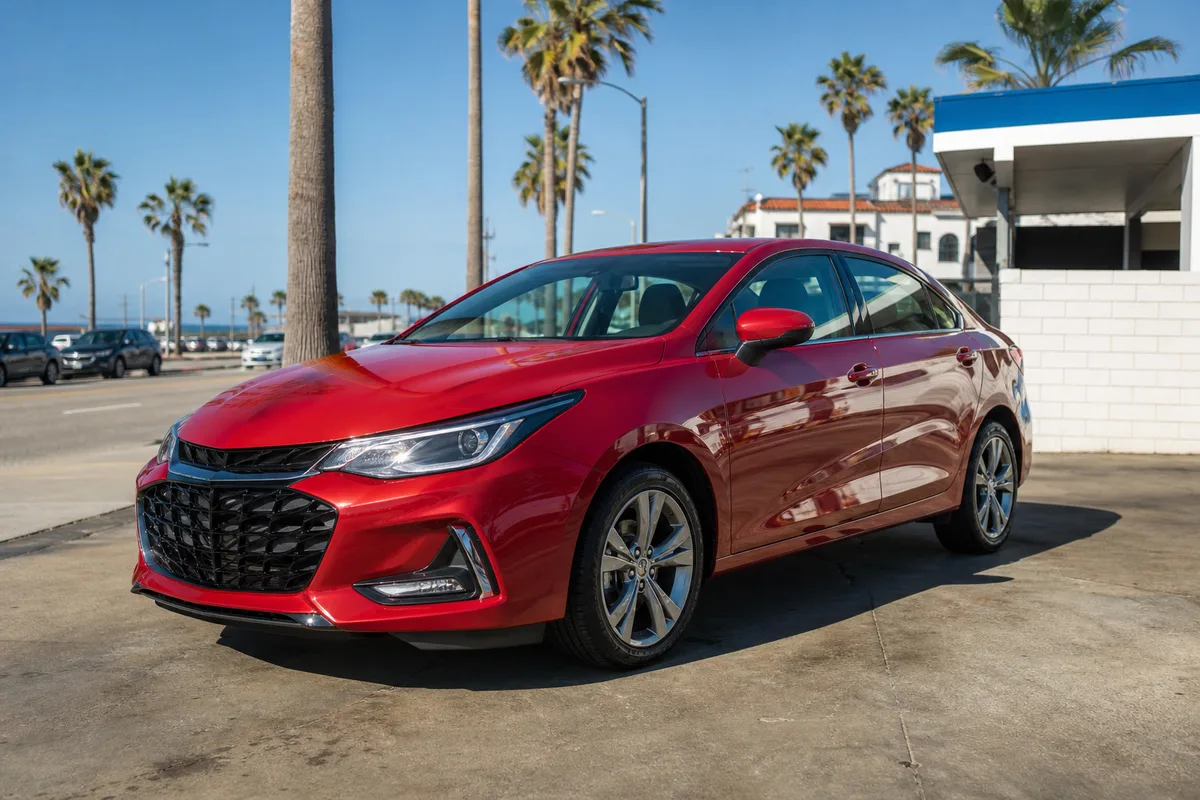 Dry, freshly hand-dried red car parked in Southern California sunlight.